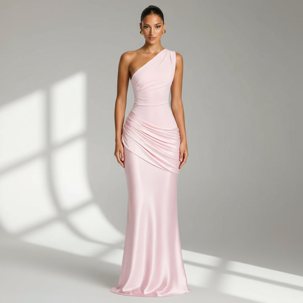 Bodycon Ruched Wedding Guest Dress in Satin Pink 3