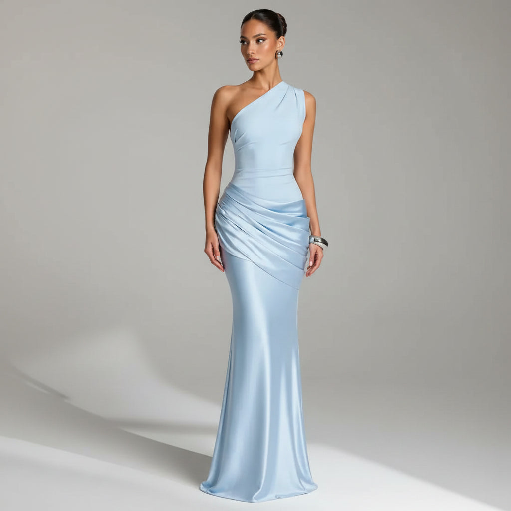 Bodycon Ruched Wedding Guest Dress in Satin Light Blue 4
