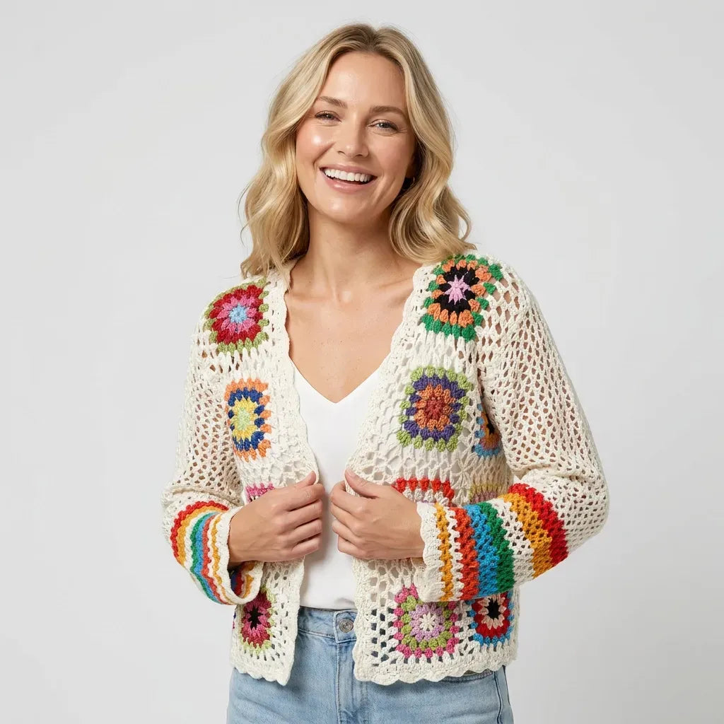 Bohemian Crochet Cardigan with Open Front Edging White 2