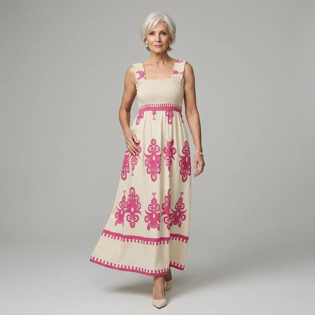 Boho Maxi Dress Sleeveless Smocked Pink 4