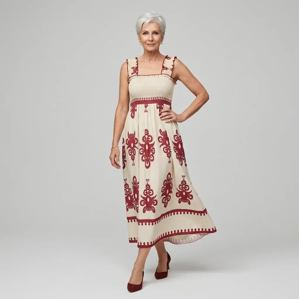 Boho Maxi Dress Sleeveless Smocked Red 5