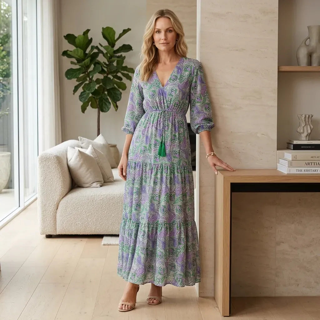 Boho Ruffle Maxi Dress with V-Neck and Sleeves Green 1