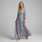 Boho Ruffle Maxi Dress with V-Neck and Sleeves Pink 2