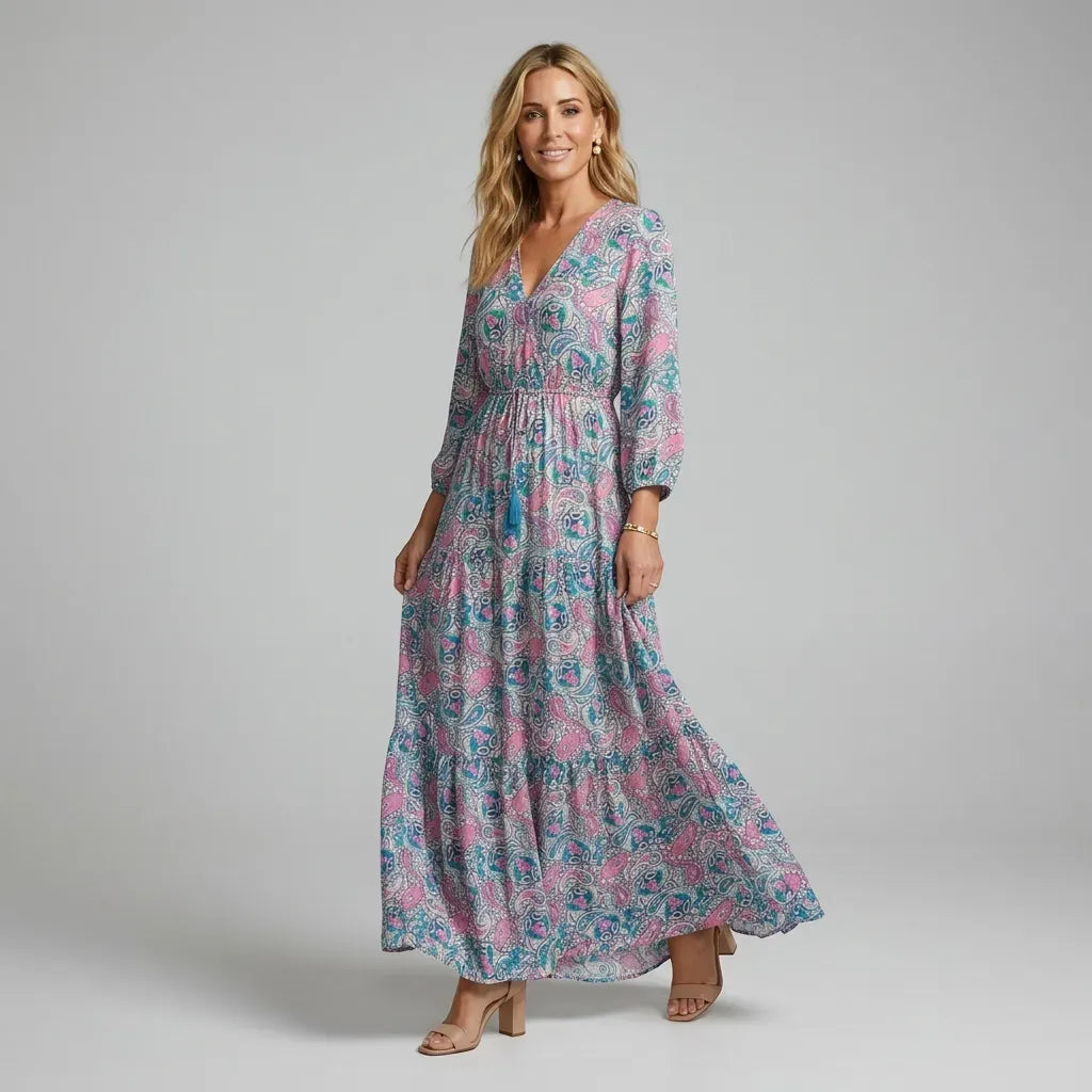 Boho Ruffle Maxi Dress with V-Neck and Sleeves Pink 2