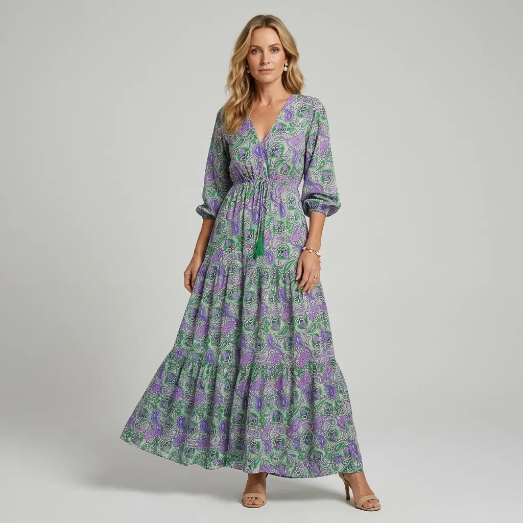 Boho Ruffle Maxi Dress with V-Neck and Sleeves Green 3