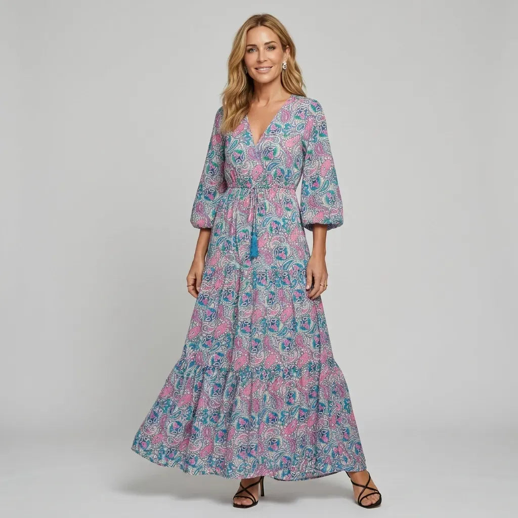 Boho Ruffle Maxi Dress with V-Neck and Sleeves Pink 4
