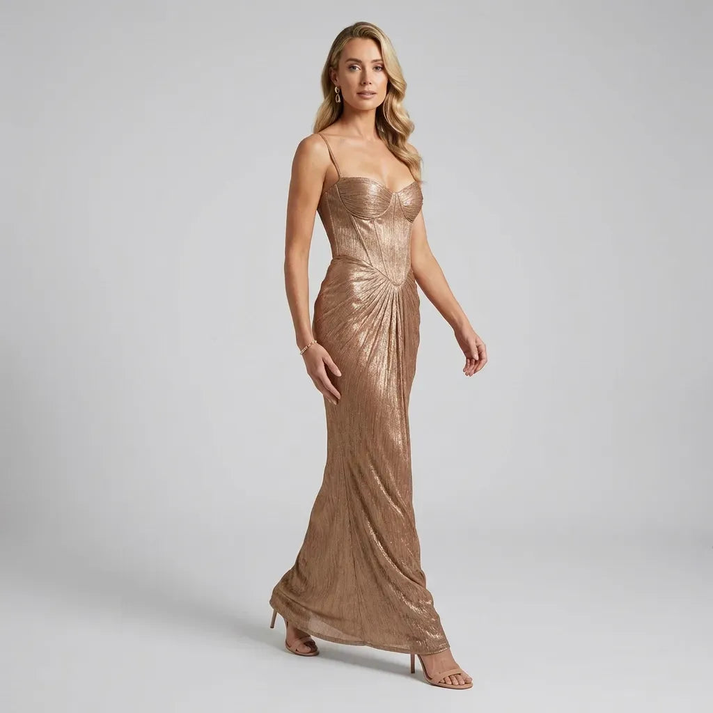 Boned Corset Dress A-Line Maxi Gold 5