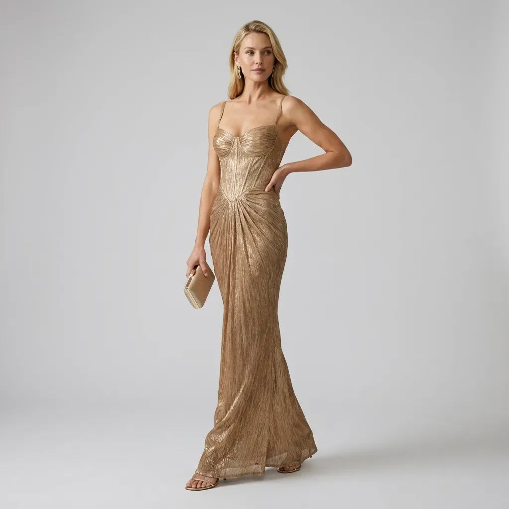 Boned Corset Dress A-Line Maxi Gold 6