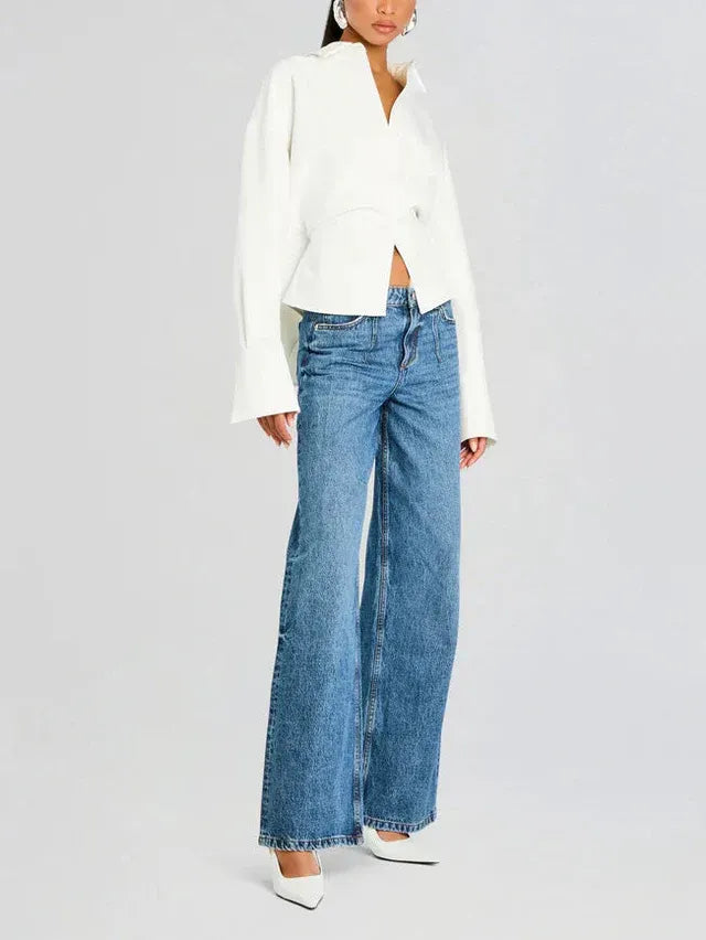 Boxy Cropped Button Down Shirt White 1