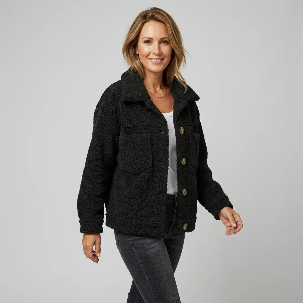 Boxy Fleece Teddy Jacket with Pockets Black 2