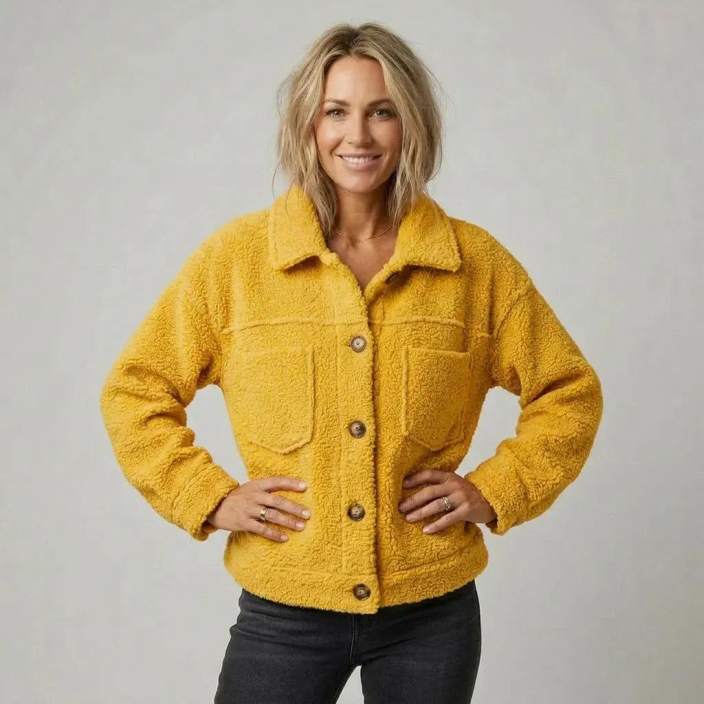 Boxy Fleece Teddy Jacket with Pockets Yellow 5