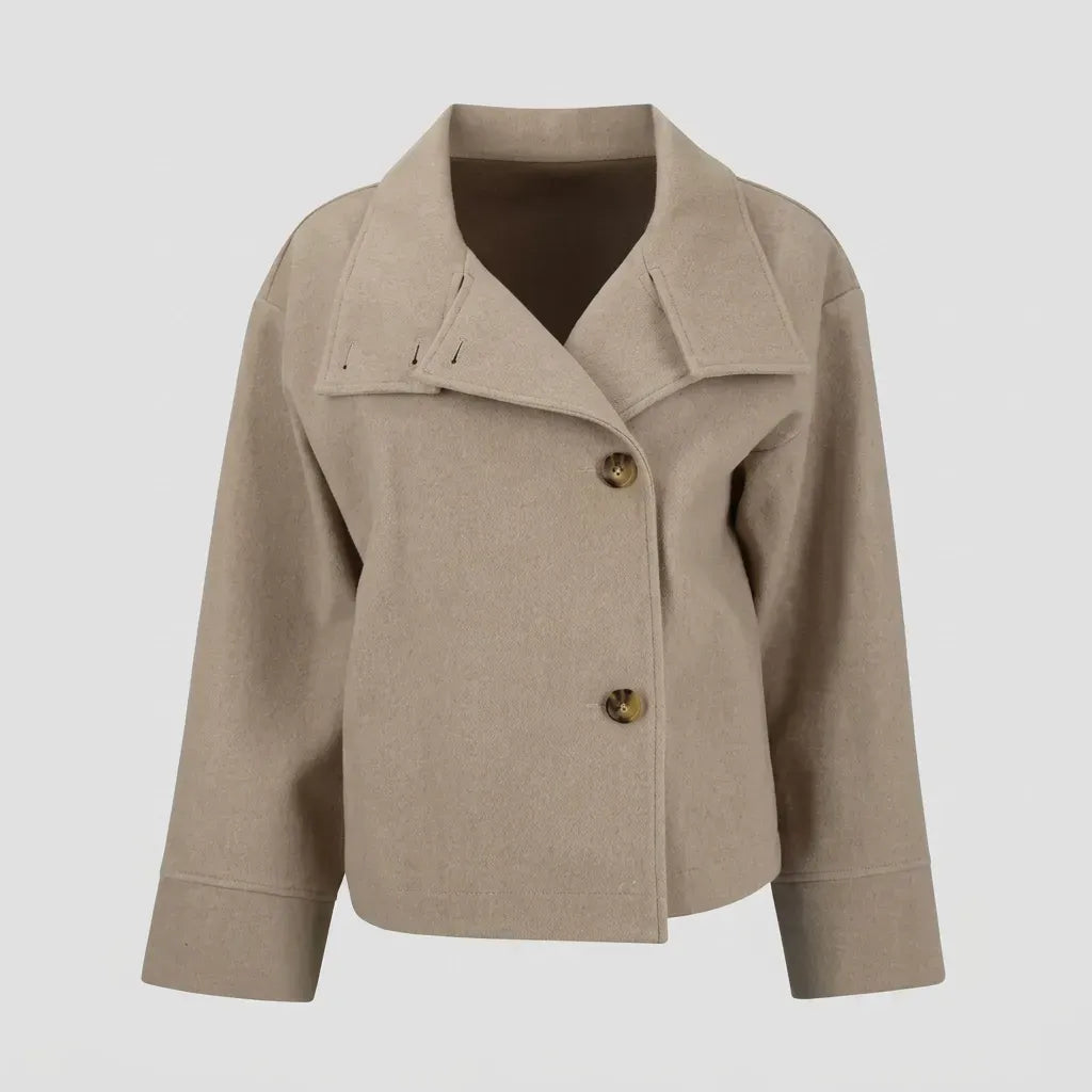 Boxy Funnel Neck Jacket with Buttons Beige 3
