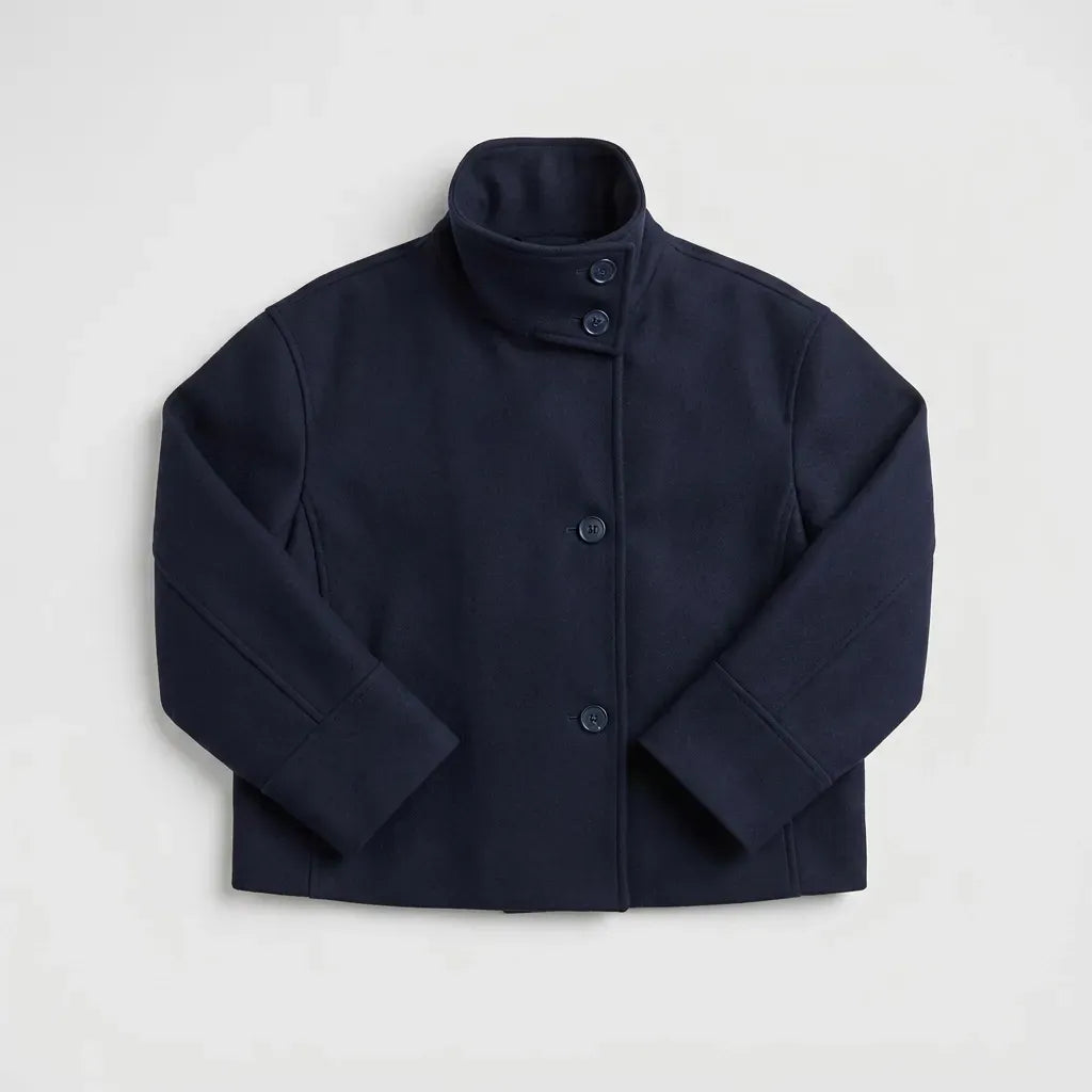 Boxy Funnel Neck Jacket with Buttons Navy 5