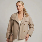 Boxy Funnel Neck Jacket with Buttons Beige 6