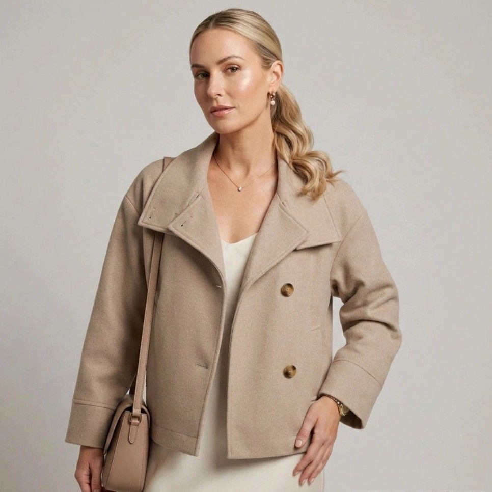 Boxy Funnel Neck Jacket with Buttons Beige 6