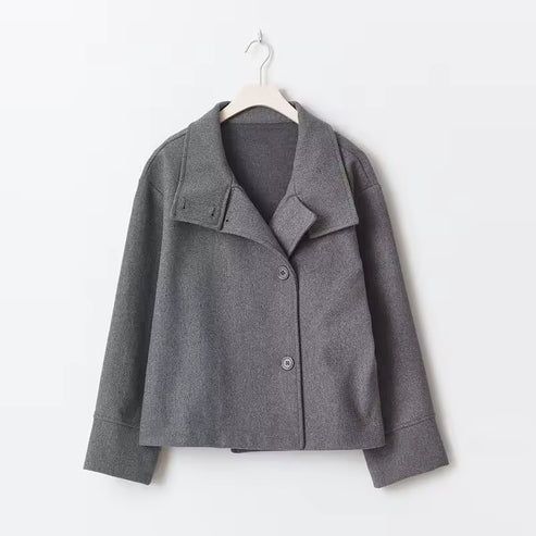 Boxy Funnel Neck Jacket with Buttons Grey 8