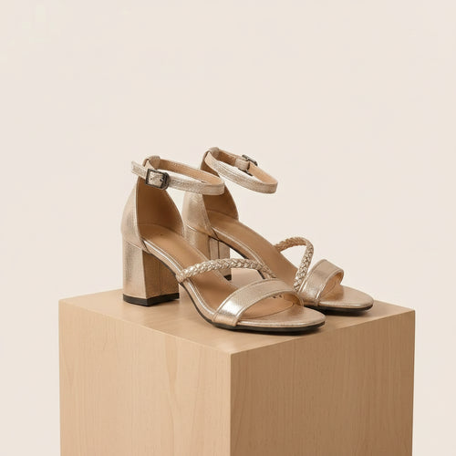 Braided Ankle Strap Block Heels Gold 1