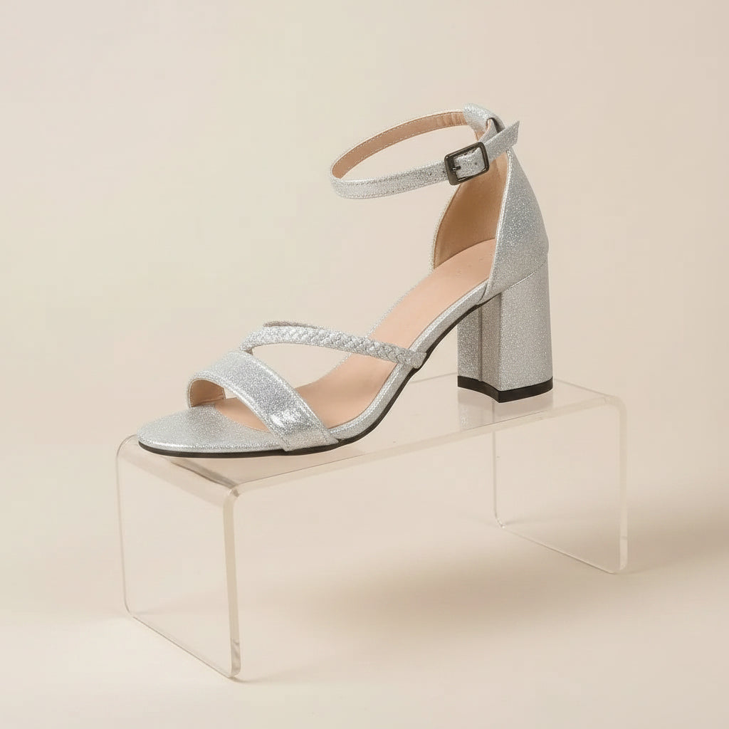 Braided Ankle Strap Block Heels Silver 2
