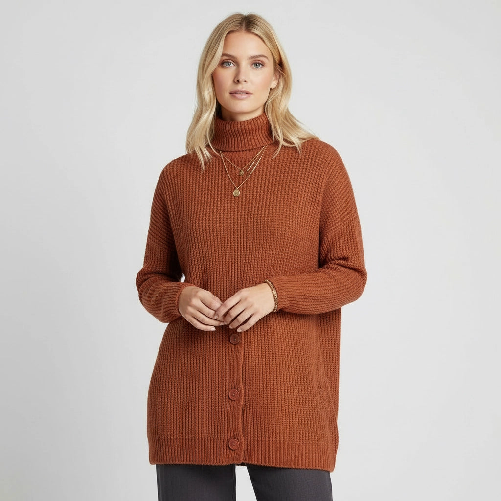 Women's Longline Button-Down Turtleneck Sweater