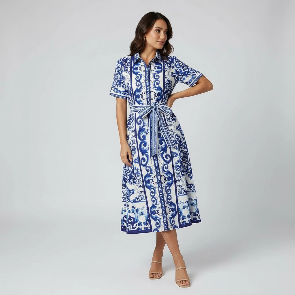A-Line Belted Midi Shirt Dress With Short Sleeves Hainst A-Line Belted Midi Shirt Dress With Short Sleeves Hainst