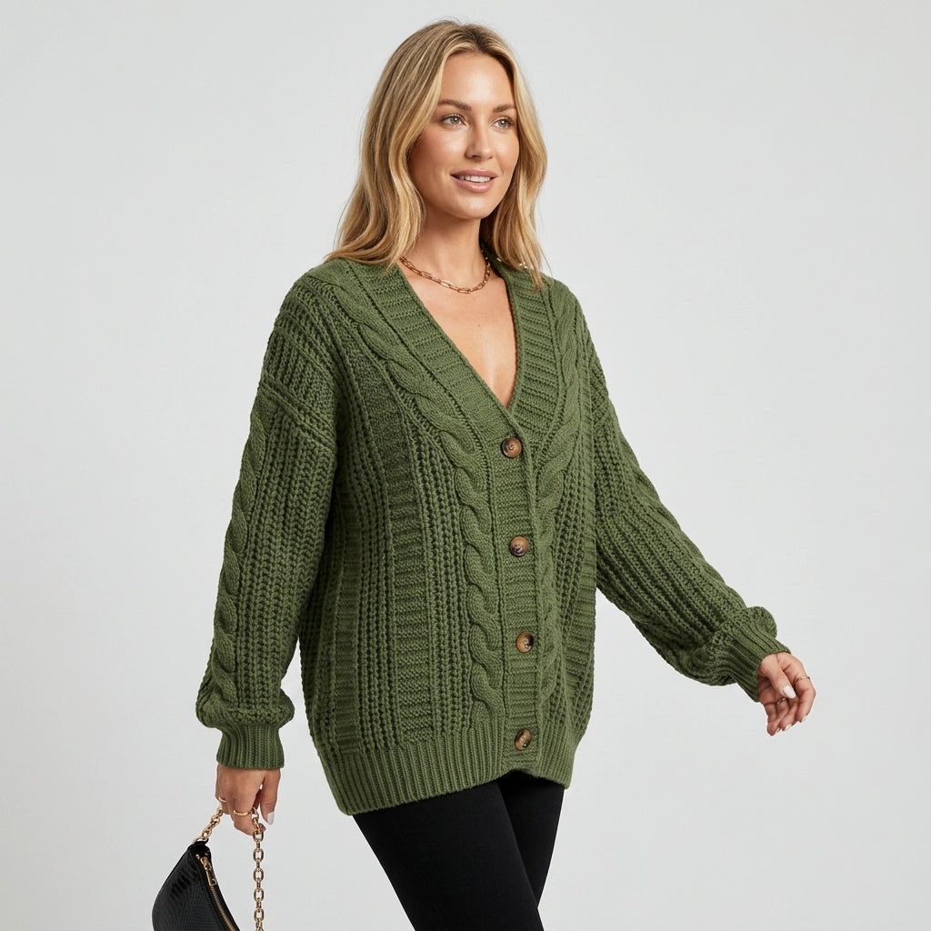 Cardigan in Oversized Fit with Buttons from Knit Fabric Dark Green 1