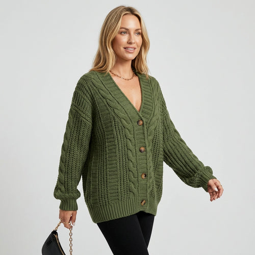 Cardigan in Oversized Fit with Buttons from Knit Fabric Dark Green 1