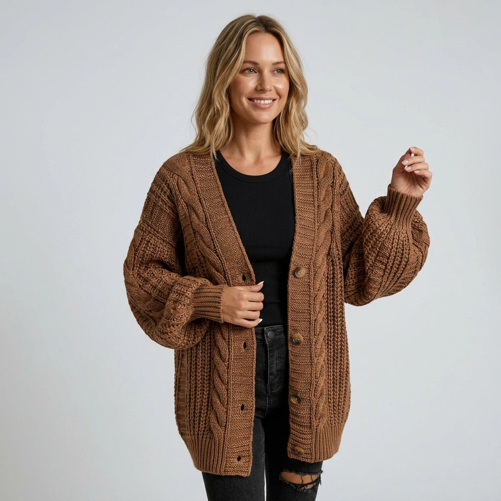 Cardigan in Oversized Fit with Buttons from Knit Fabric Brown 5