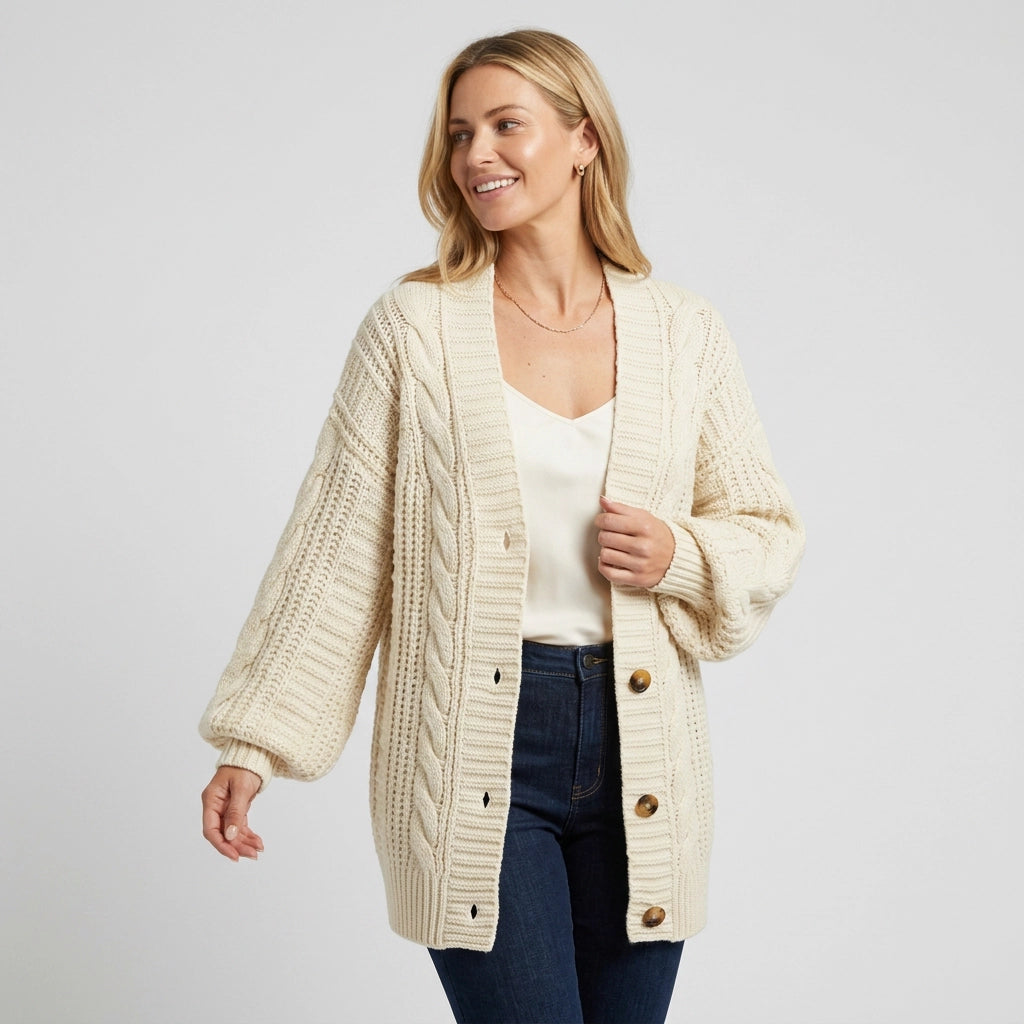 Cardigan in Oversized Fit with Buttons from Knit Fabric Beige 6