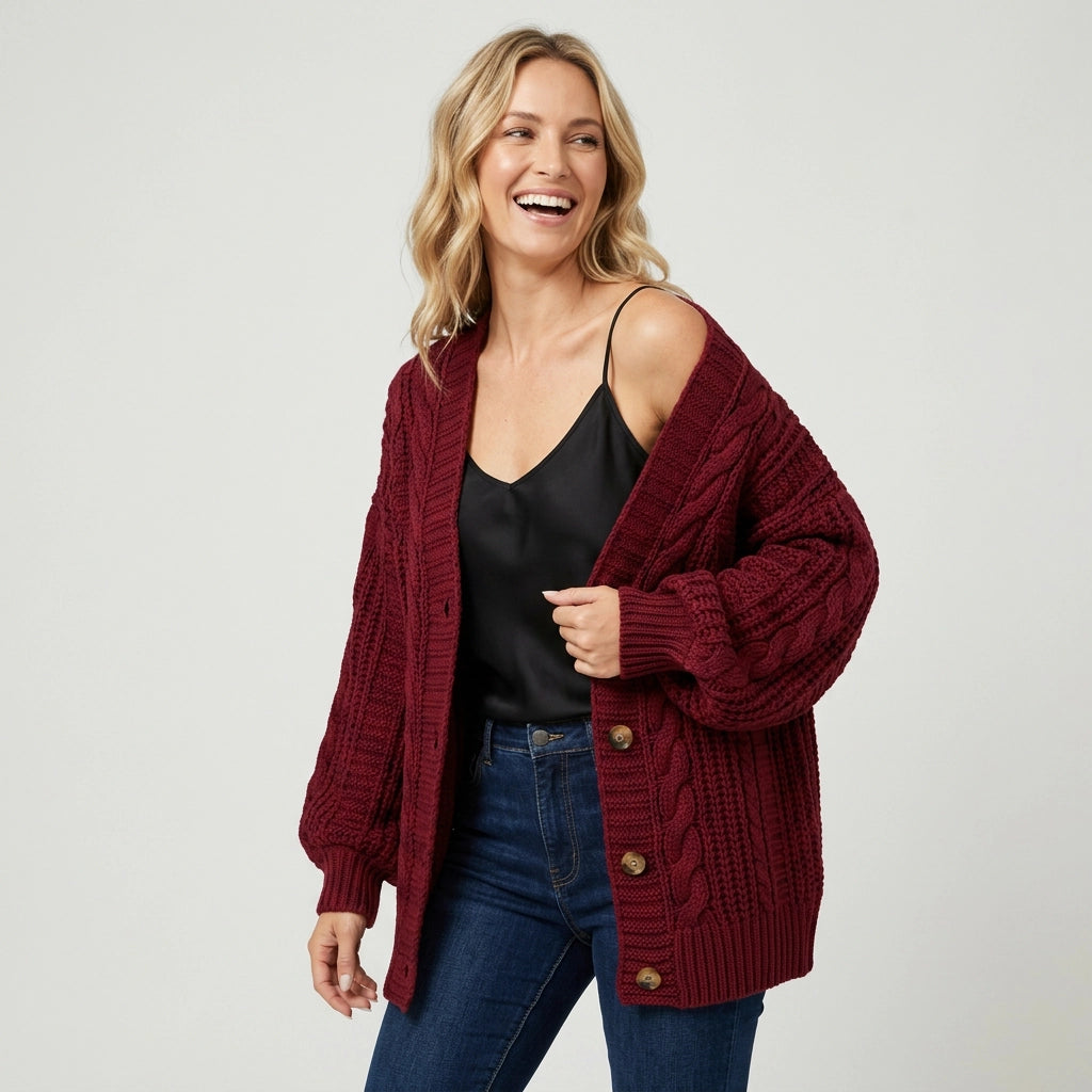 Cardigan in Oversized Fit with Buttons from Knit Fabric Dark Red 7
