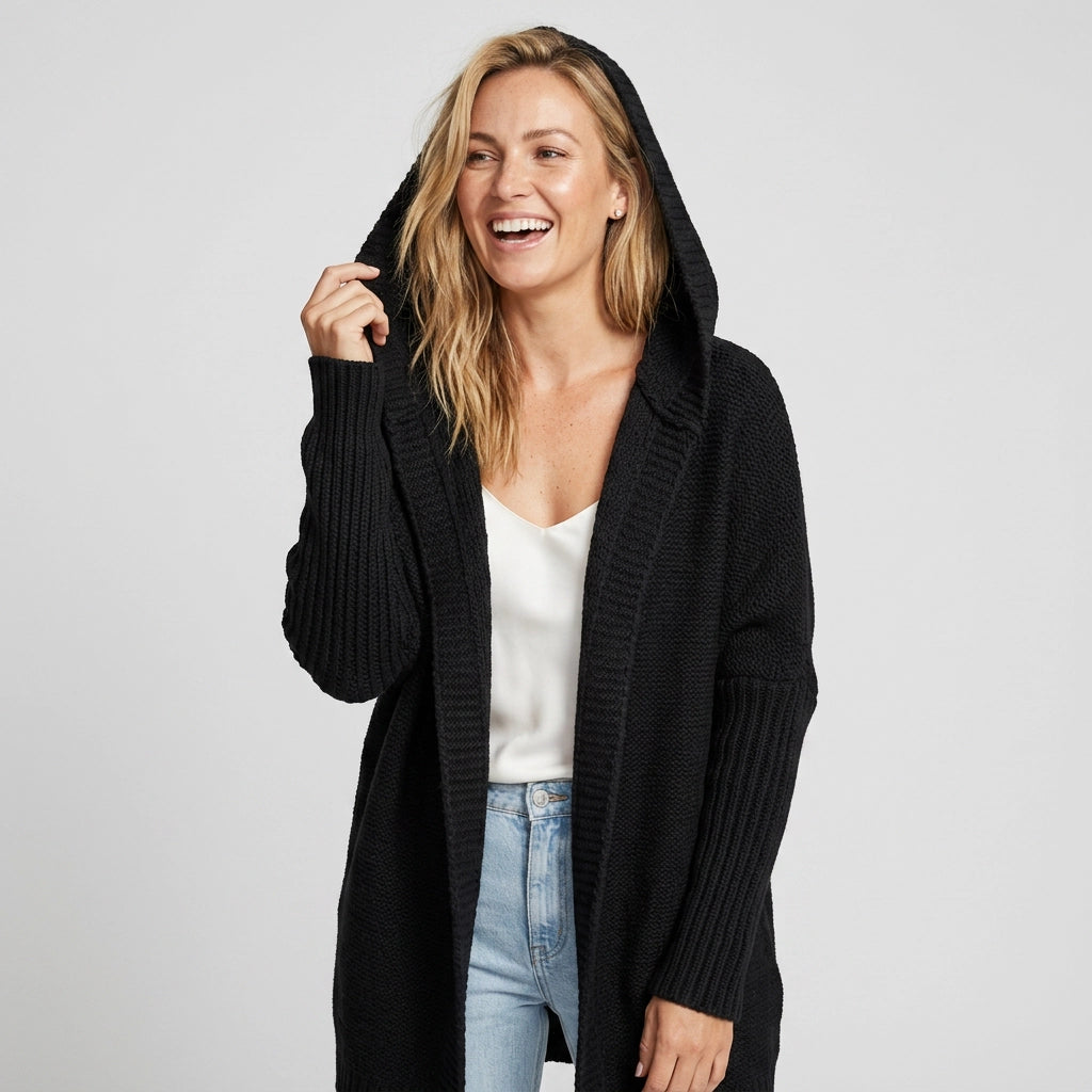 Longline Hooded Cardigan with a Shawl Collar and Ribbed Cuffs Black 10