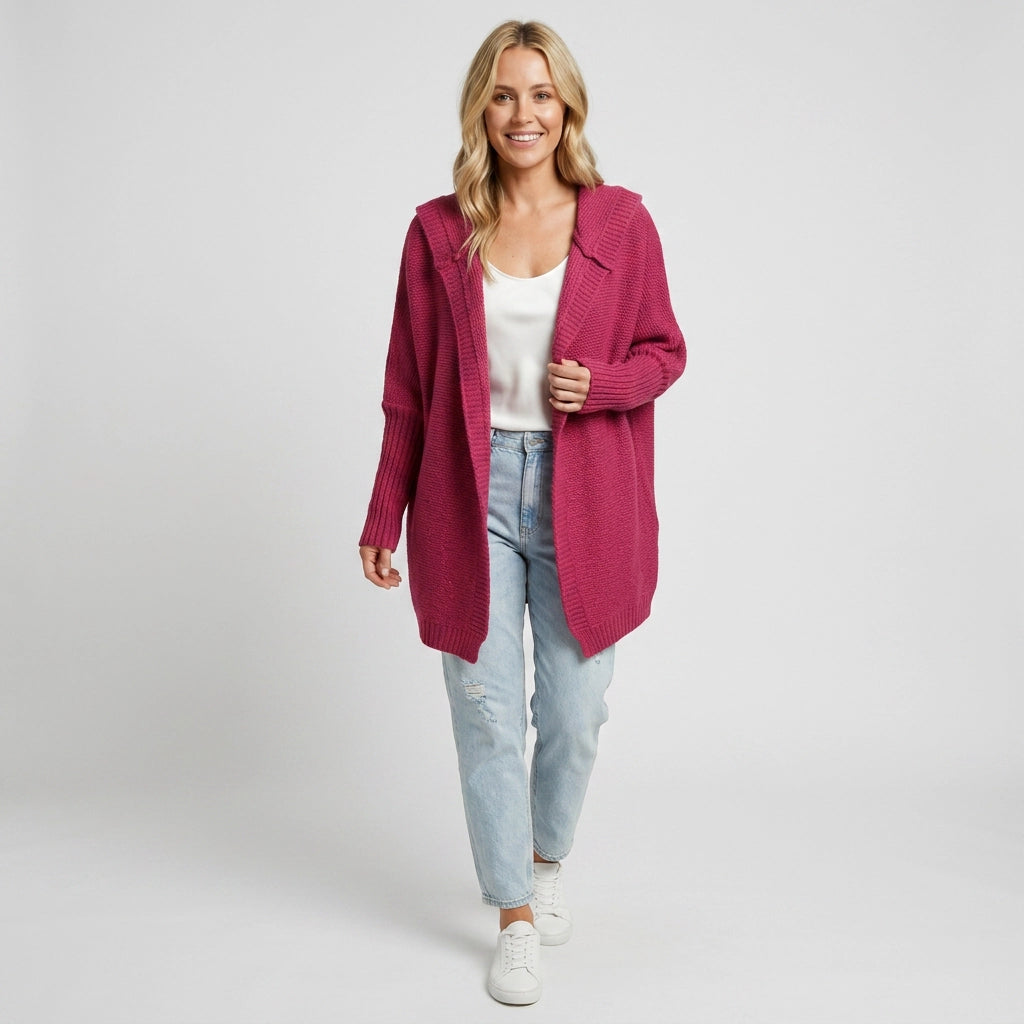 Longline Hooded Cardigan with a Shawl Collar and Ribbed Cuffs Red 12