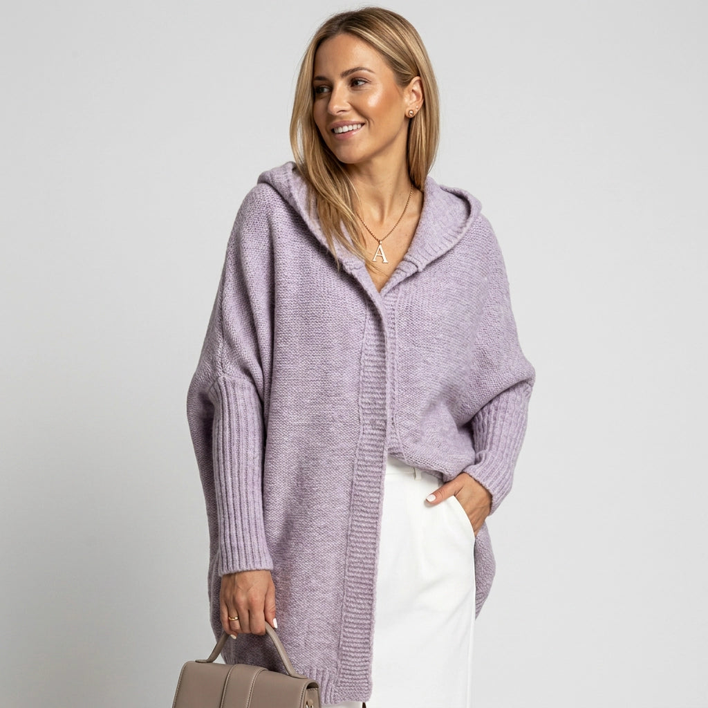 Longline Hooded Cardigan with a Shawl Collar and Ribbed Cuffs Purple 2