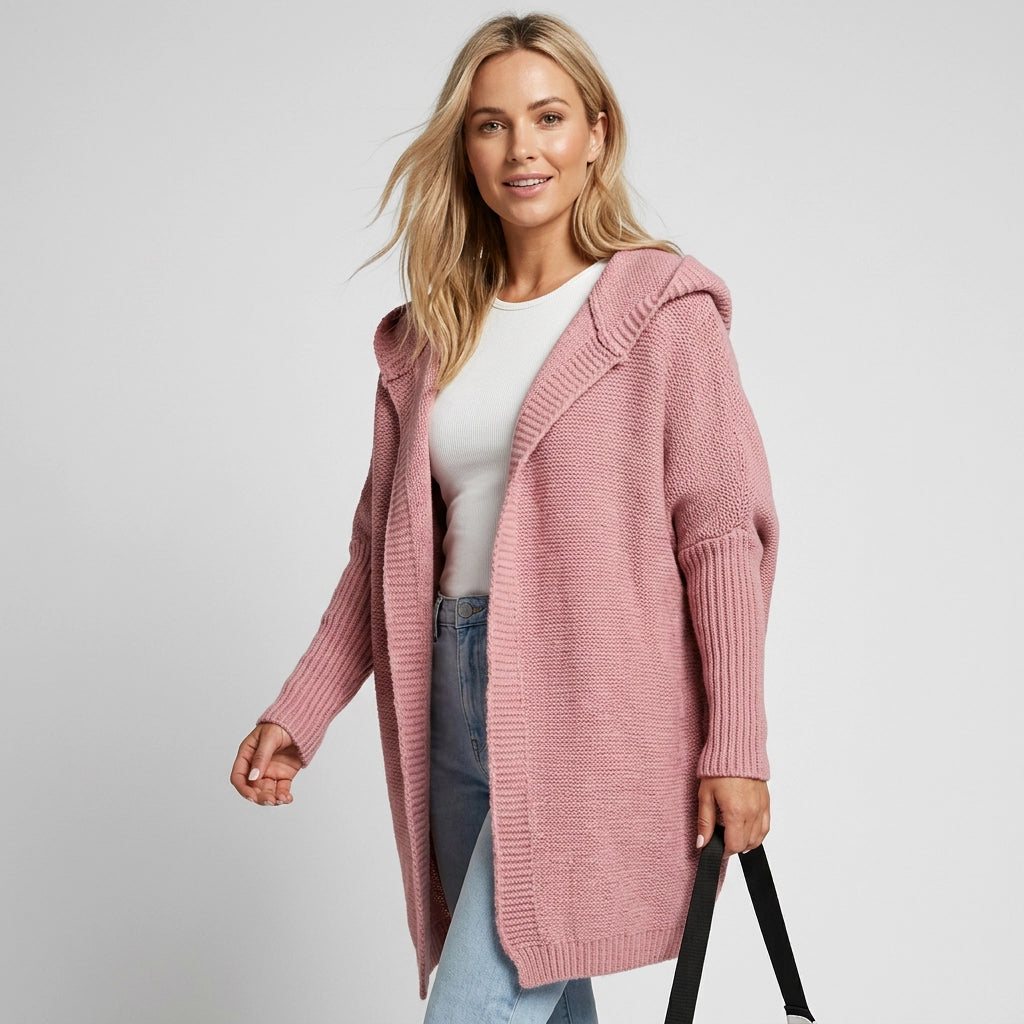 Longline Hooded Cardigan with a Shawl Collar and Ribbed Cuffs Pink 3