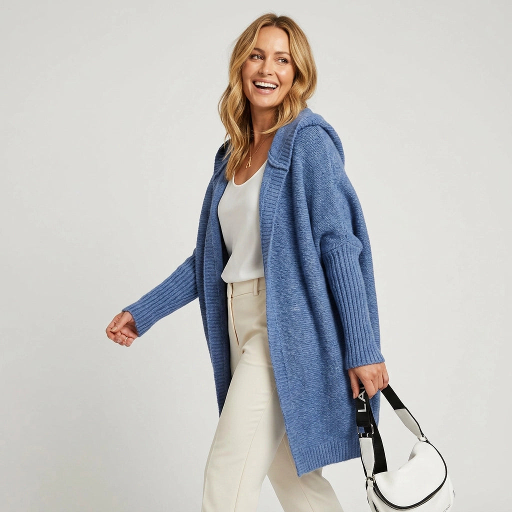 Longline Hooded Cardigan with a Shawl Collar and Ribbed Cuffs Blue 4
