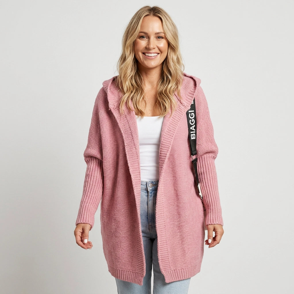 Longline Hooded Cardigan with a Shawl Collar and Ribbed Cuffs Pink 5