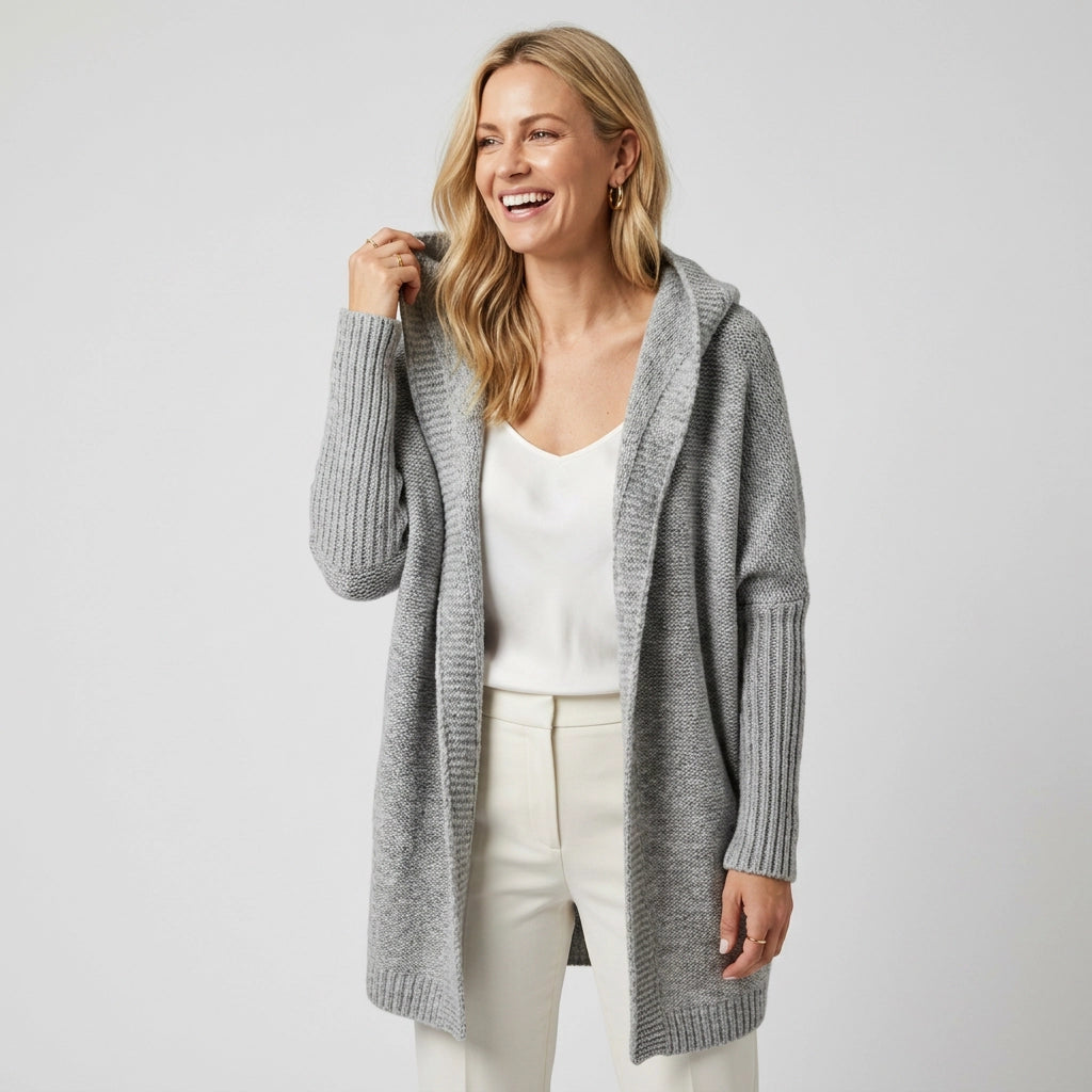 Longline Hooded Cardigan with a Shawl Collar and Ribbed Cuffs Grey 6