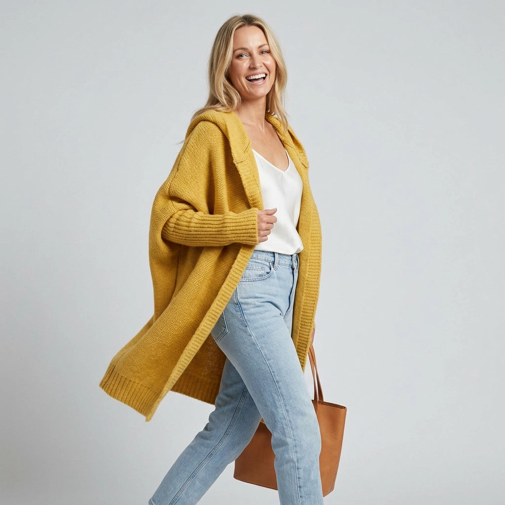 Longline Hooded Cardigan with a Shawl Collar and Ribbed Cuffs Yellow 7
