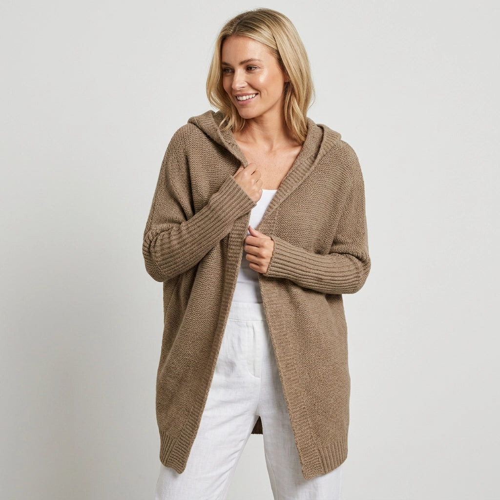 Longline Hooded Cardigan with a Shawl Collar and Ribbed Cuffs Khaki 8