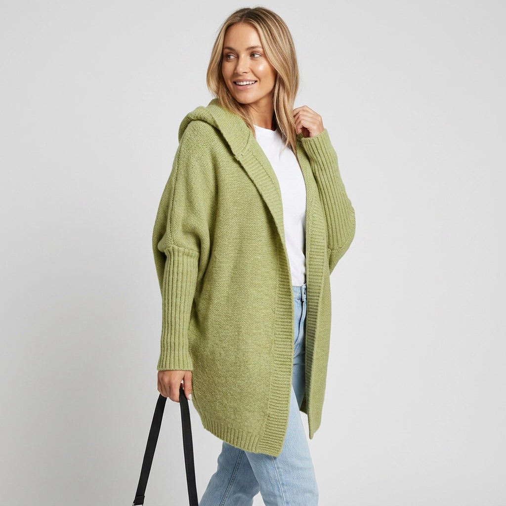 Longline Hooded Cardigan with a Shawl Collar and Ribbed Cuffs Green 9