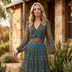 Floral Chiffon Boho Maxi Dress with V-Neck and Ruffle Blue 1