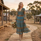 Floral Chiffon Boho Maxi Dress with V-Neck and Ruffle Blue 2