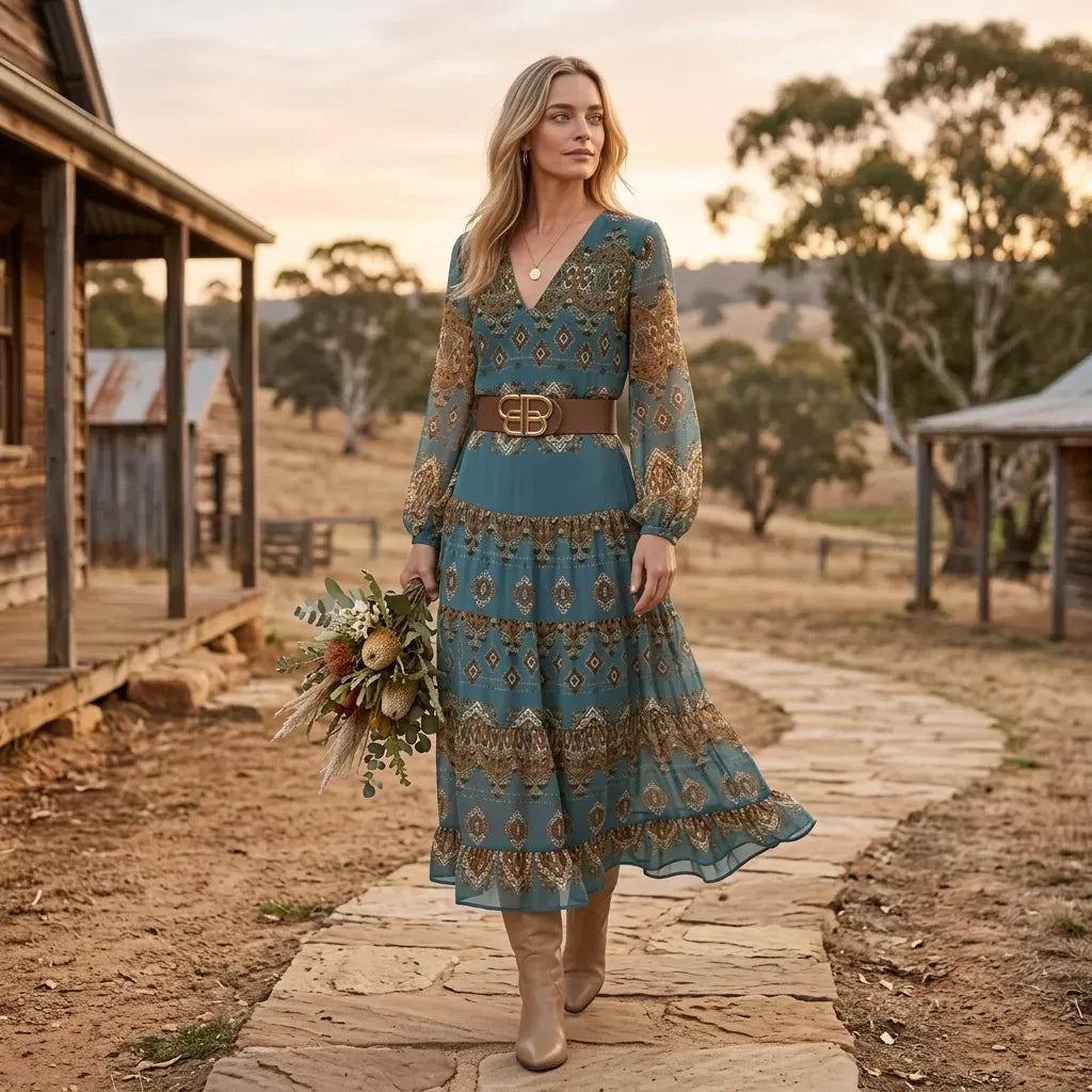 Floral Chiffon Boho Maxi Dress with V-Neck and Ruffle Blue 2