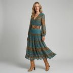 Floral Chiffon Boho Maxi Dress with V-Neck and Ruffle Blue 3