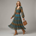 Floral Chiffon Boho Maxi Dress with V-Neck and Ruffle Blue 4