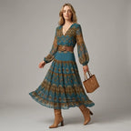 Floral Chiffon Boho Maxi Dress with V-Neck and Ruffle Blue 4