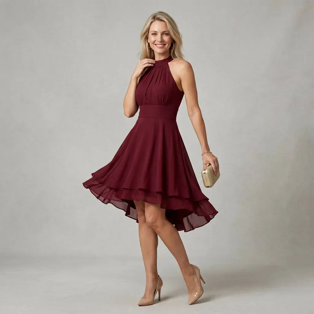 Halter Neck Chiffon Wedding Guest Cocktail Dress Red 8