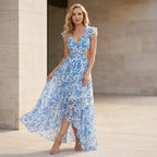 Chiffon Cut Out Dress with A-Line Slit Blue 1