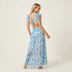 Chiffon Cut Out Dress with A-Line Slit Blue 3