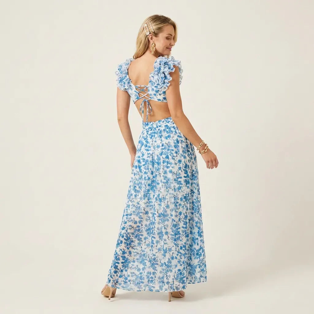 Chiffon Cut Out Dress with A-Line Slit Blue 3