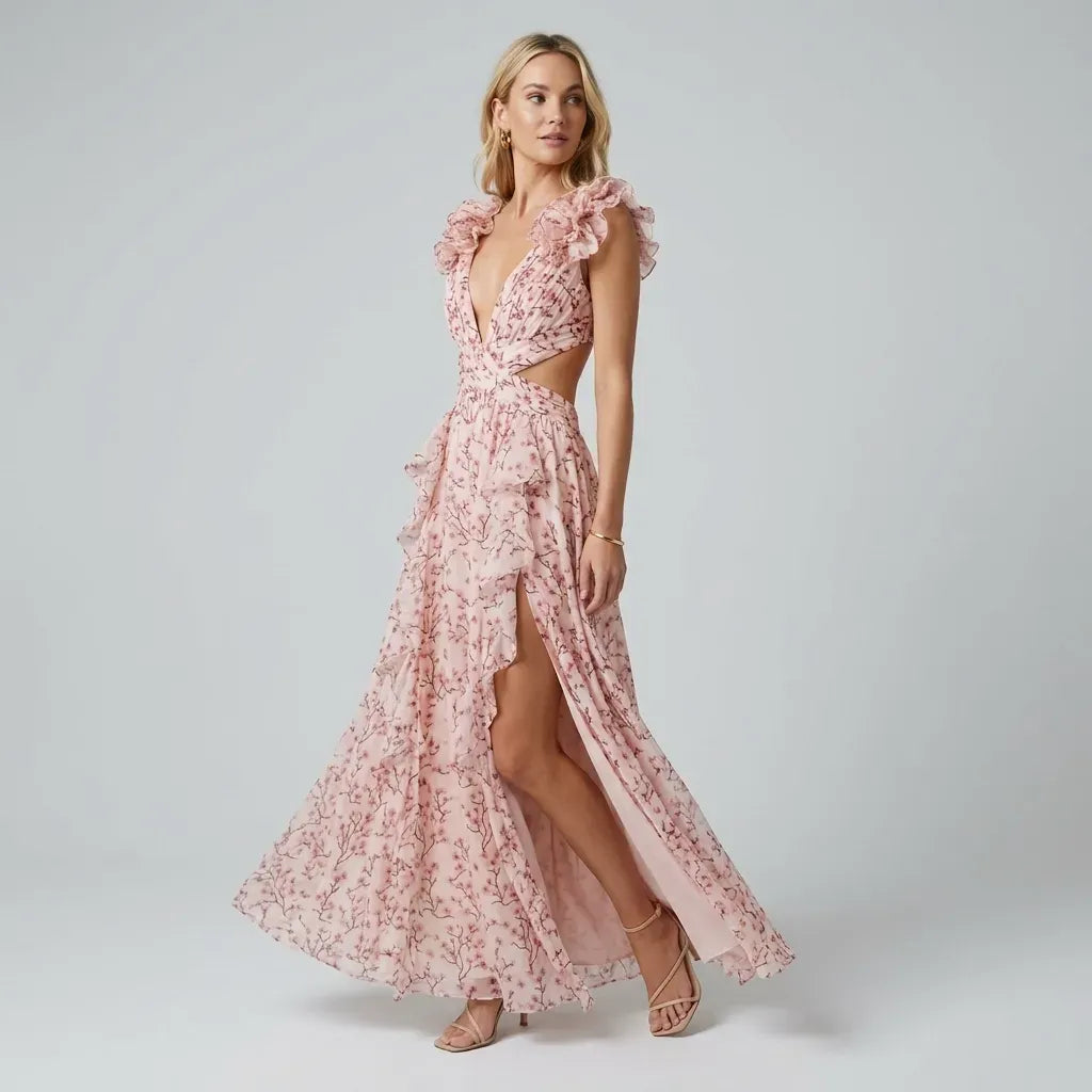 Chiffon Cut Out Dress with A-Line Slit Pink 5